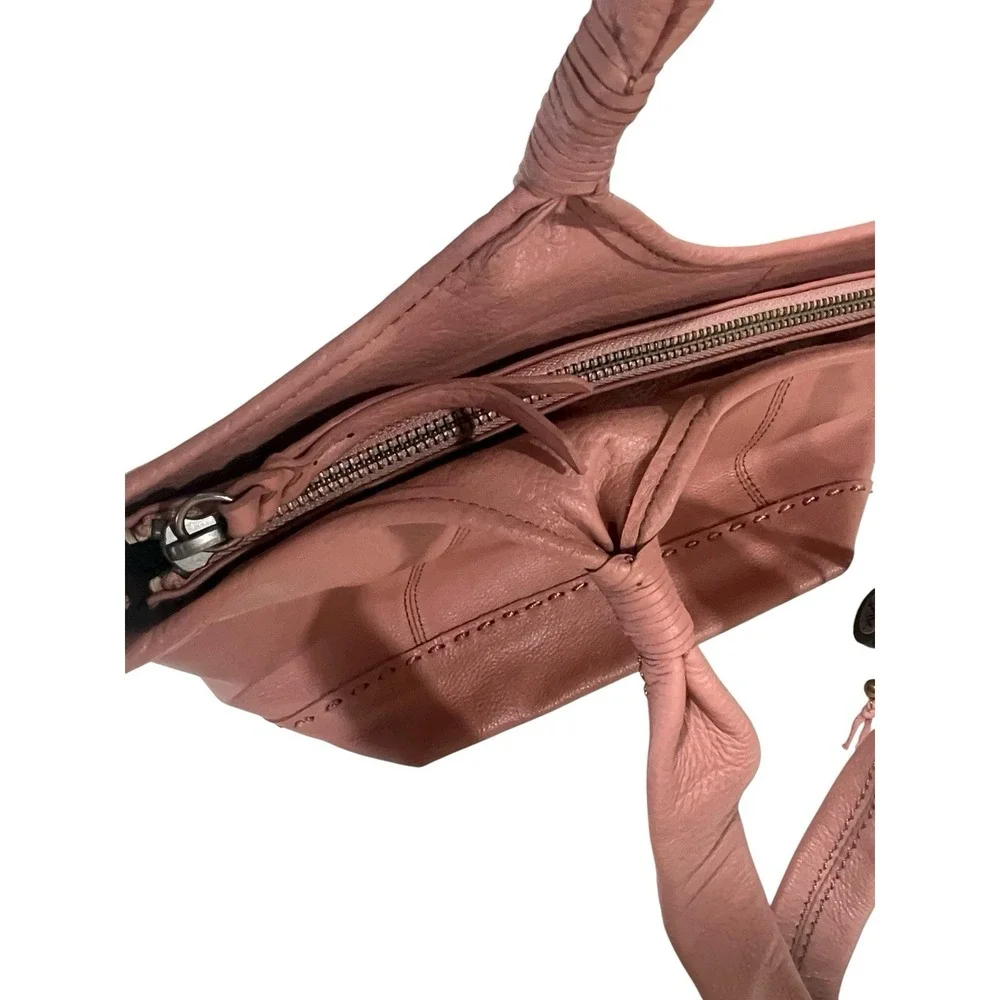 The Sak Leather Shoulder Bag Pink Tassels‎ Stitch Fun Lining Hobo EUC Boho